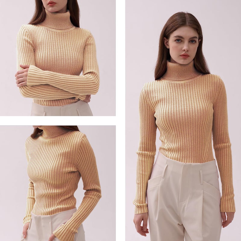 v28 Women Stretchable Turtleneck Knit Long Sleeve Slim Fit Sweater (M,Khaki) - Image 4